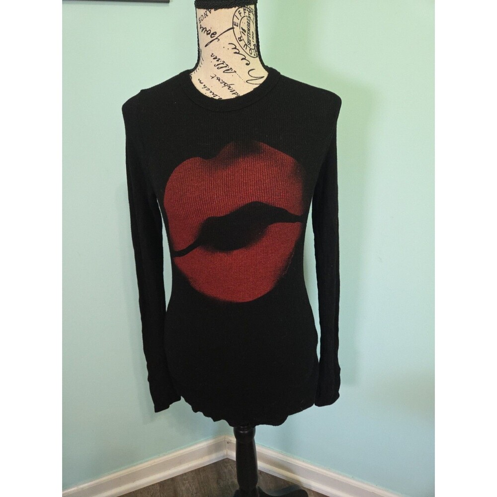 Lauren Moshi Black Long Sleeve Top with Red Lips Motif